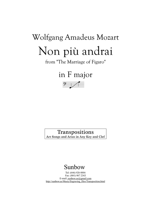 Mozart: Non più andrai (Transposed to F Major, low voice) (Arr. Sunbow) - Wolfgang Amadeus Mozart (Piano Vocal)
