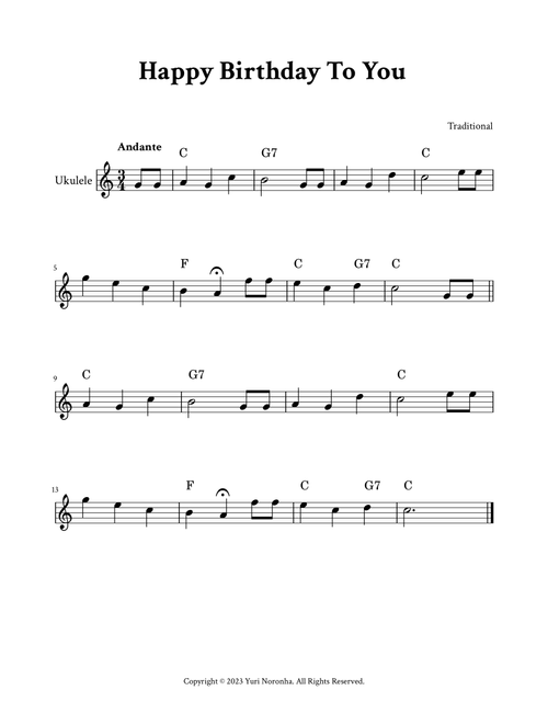 Happy Birthday To You - For Ukulele (C Major - with Chords) (Arr. Yuri Noronha) - Traditional (Instrumental Solo)