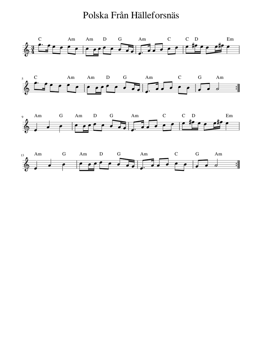 Polska Från Hälleforsnäs Sheet Music with Chords for Harmonica