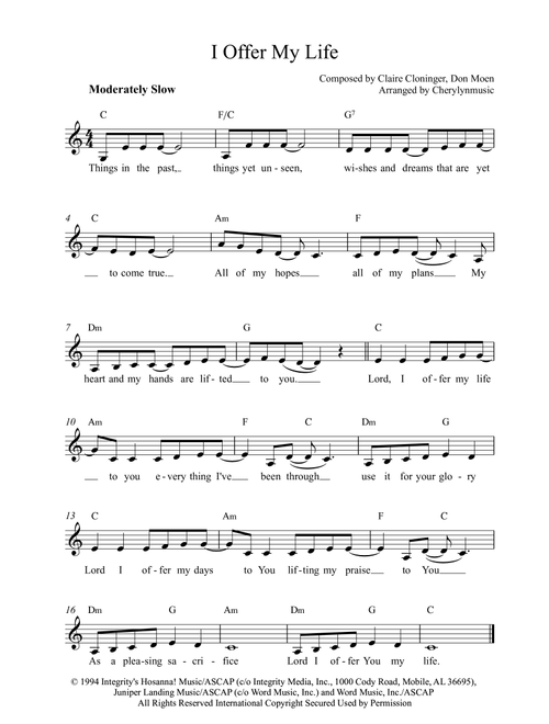I Offer My Life (Arr. Cherylynmusic) - Don Moen (Lead Sheet - Fake Book)