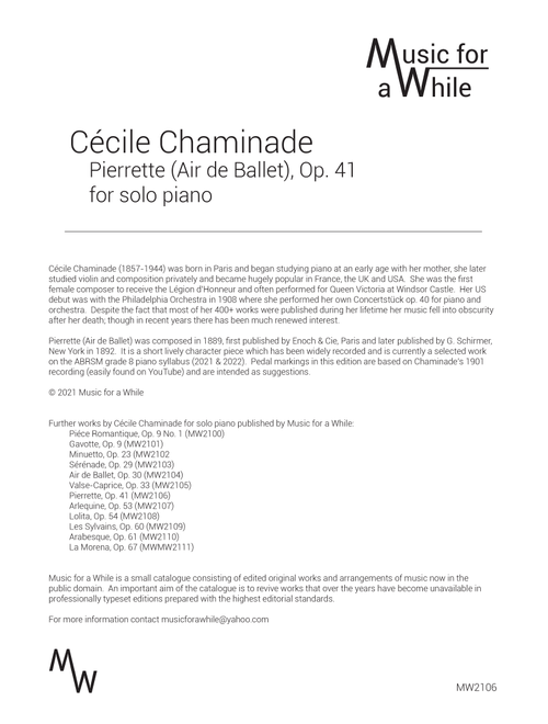 Cécile Chaminade - Pierrette (Air de Ballet), Op. 41 for solo piano (Arr. Music for a While) (Piano Solo)