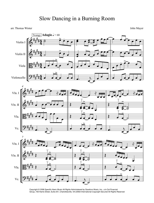 Slow Dancing In A Burning Room (Arr. Thomas Winter) - John Mayer (String Quartet)