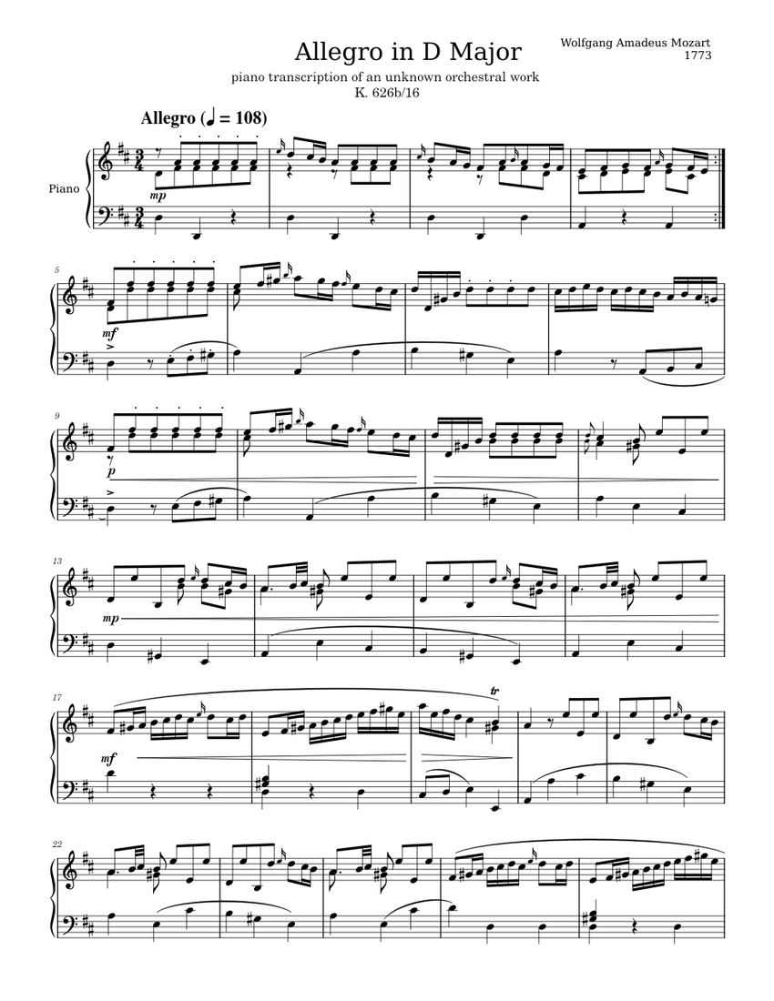 Mozart K626b/16 Allegro in D Major Sheet Music for Piano (Solo ...