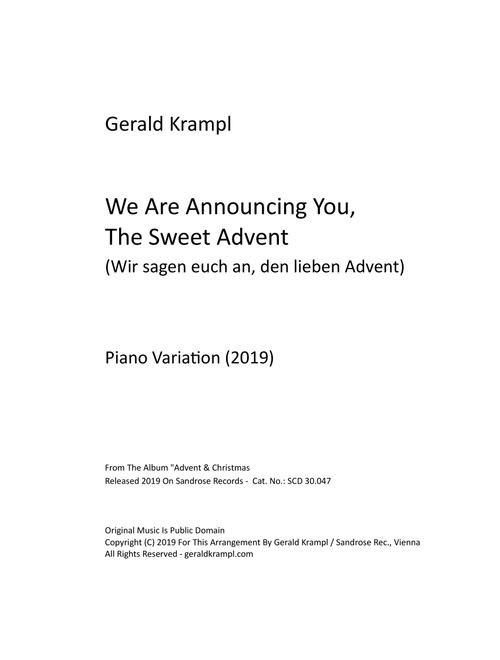 We Are Announcing You, The Sweet Advent (Wir sagen euch an, den lieben Advent) (Arr. Gerald Krampl) - Heinrich Rohr (Piano Solo)