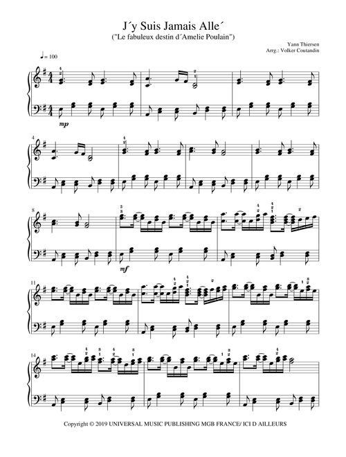 J Y Suis Jamais Alle (Arr. Volker Coutandin) - Yann Pierre Tiersen (Piano Solo)