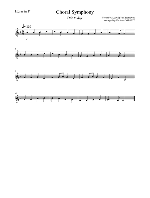 Choral Symphony Ode To Joy (Arr. Zachary Corbett) - Ludwig van Beethoven (French Horn Solo)
