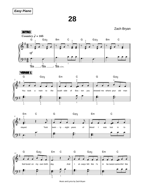 28 - Zach Bryan (Easy Piano)