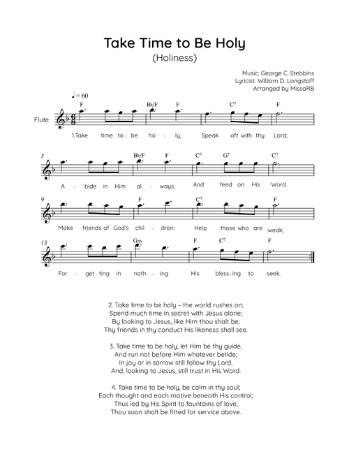 Take Time to Be Holy - Flute in F Easy with Chords and Lyrics (Arr. MissoRB) - George C Stebbins and William D Longstaff (Flute Solo)