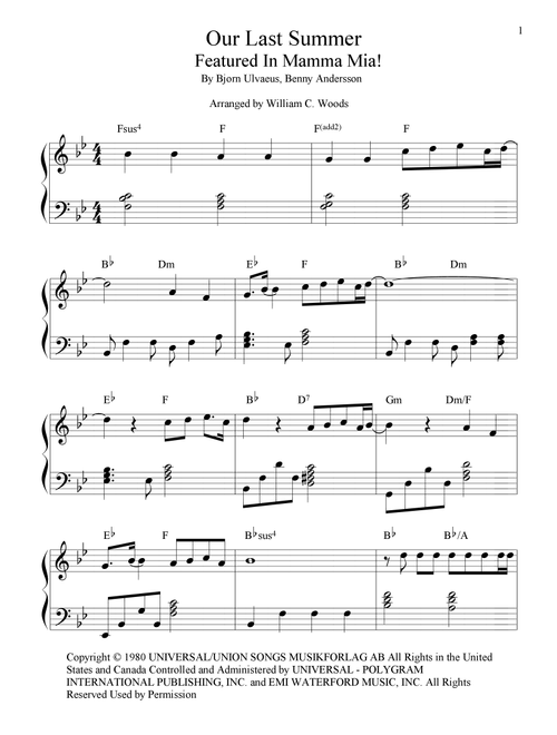 Our Last Summer (Arr. William C. Woods) - ABBA (Piano Solo)