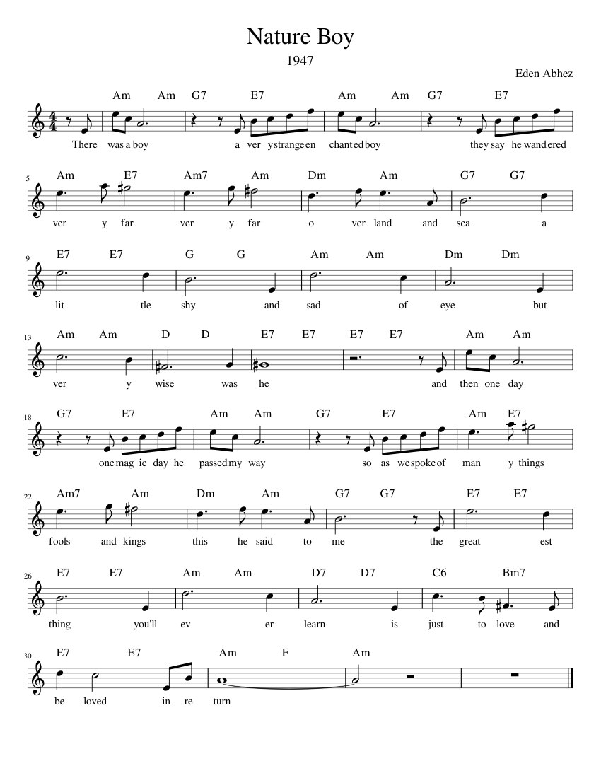Nature Boy Sheet Music with Chords for Piano (Solo) easy