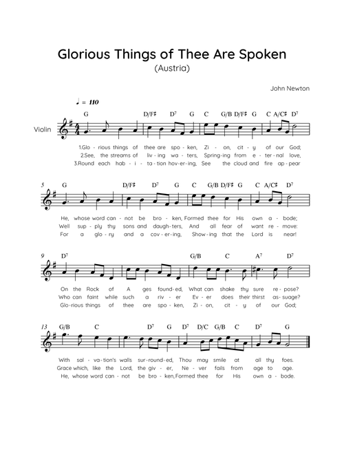Glorious Things of Thee Are Spoken (Austria) - Violin in G Easy with Chords and Lyrics (Arr. MissoRB) - John Newton (Violin Solo)