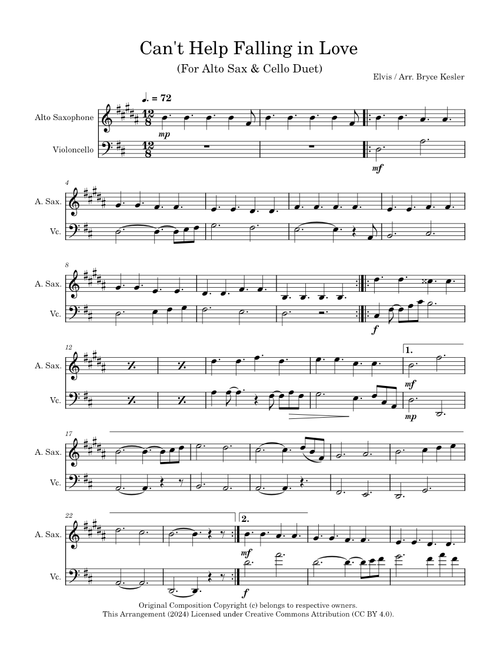 I Can't Help Falling in Love – Unknown author I Can't Help Falling in Love –  (For Alto Sax & Cello)