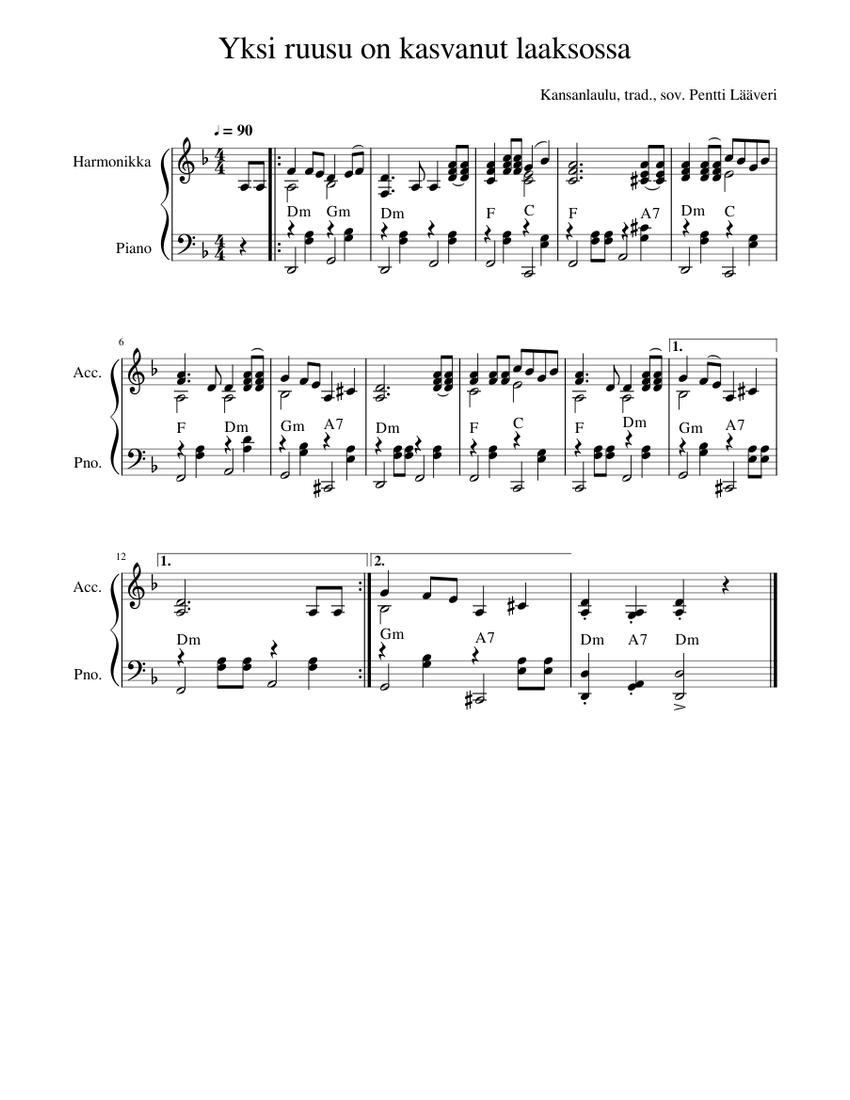 Yksi ruusu on kasvanut laaksossa Sheet music for Piano, Accordion (Mixed  Duet) 