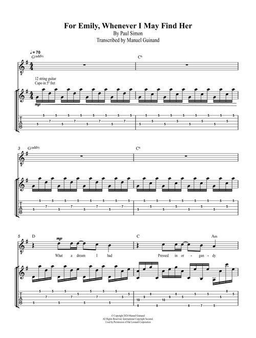 For Emily, Whenever I May Find Her (Arr. Manuel Guinand) - Simon & Garfunkel (Piano-Vocal-Guitar (Piano Accompaniment))