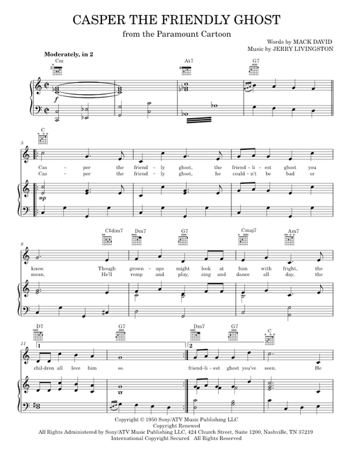 Casper The Friendly Ghost - Jerry Livingston, TV Theme Song (Piano-Vocal-Guitar)