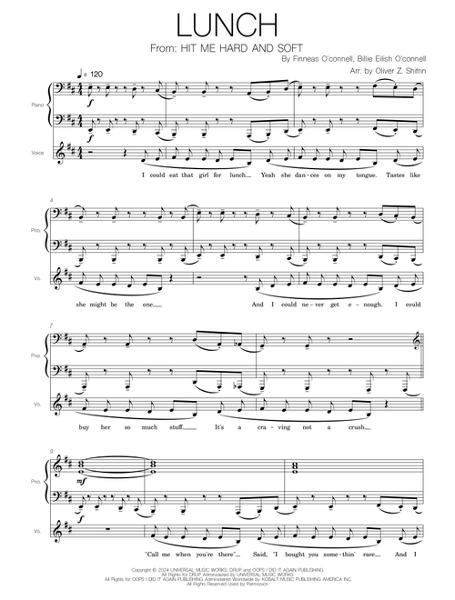 Lunch (Arr. Oliver Z. Shifrin) - Billie Eilish (Piano Vocal)