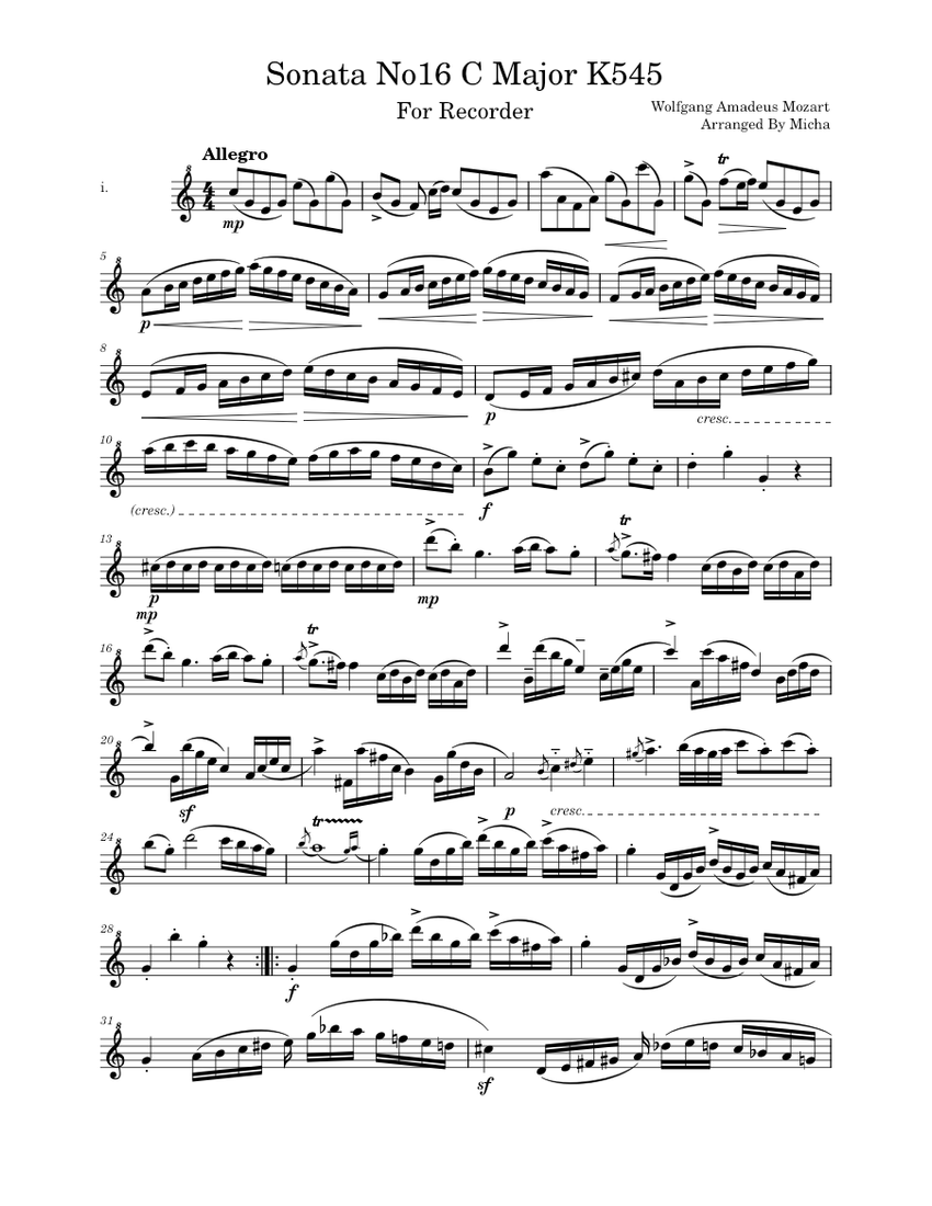 Sonata No.16 in C K545 By WA Mozart For Recorder Sheet Music for Sonata No.16 in C K545 By WA Mozart For Recorder Sheet Music for