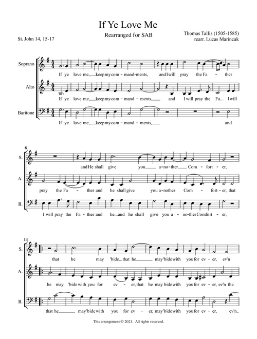 Tallis - If Ye Love Me (SAB) (Arr. Lucas Marincak) - Thomas Tallis (Choral, SAB)
