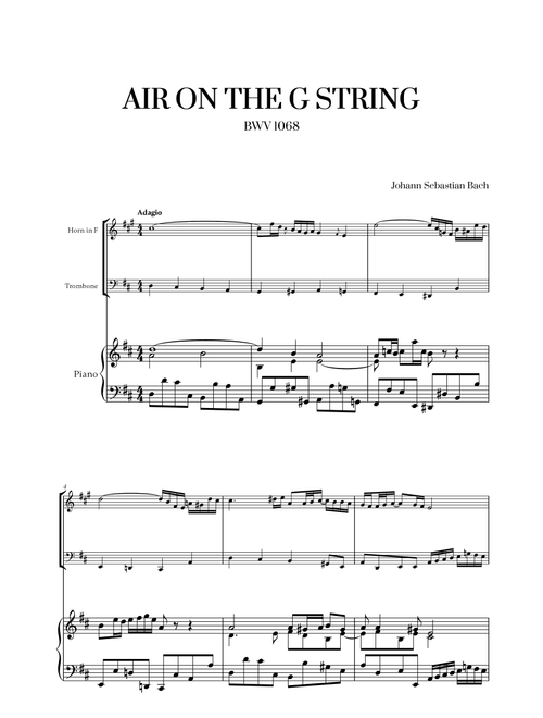 Johann Sebastian Bach - Air on the G String for French Horn, Trombone and Piano (Arr. Cadenza Editions) (Instrumental Duet and Piano)