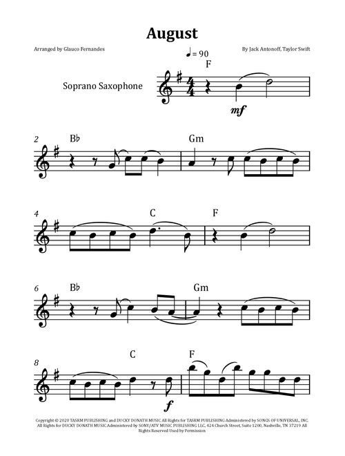 August (Arr. Glauco Fernandes) - Taylor Swift (Soprano Sax Solo)