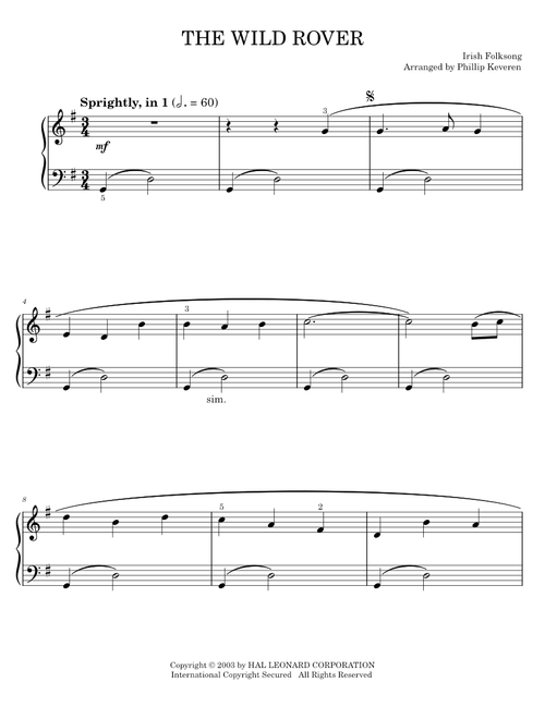 Wild Rover - Irish Folksong, The Dubliners (Easy Piano)