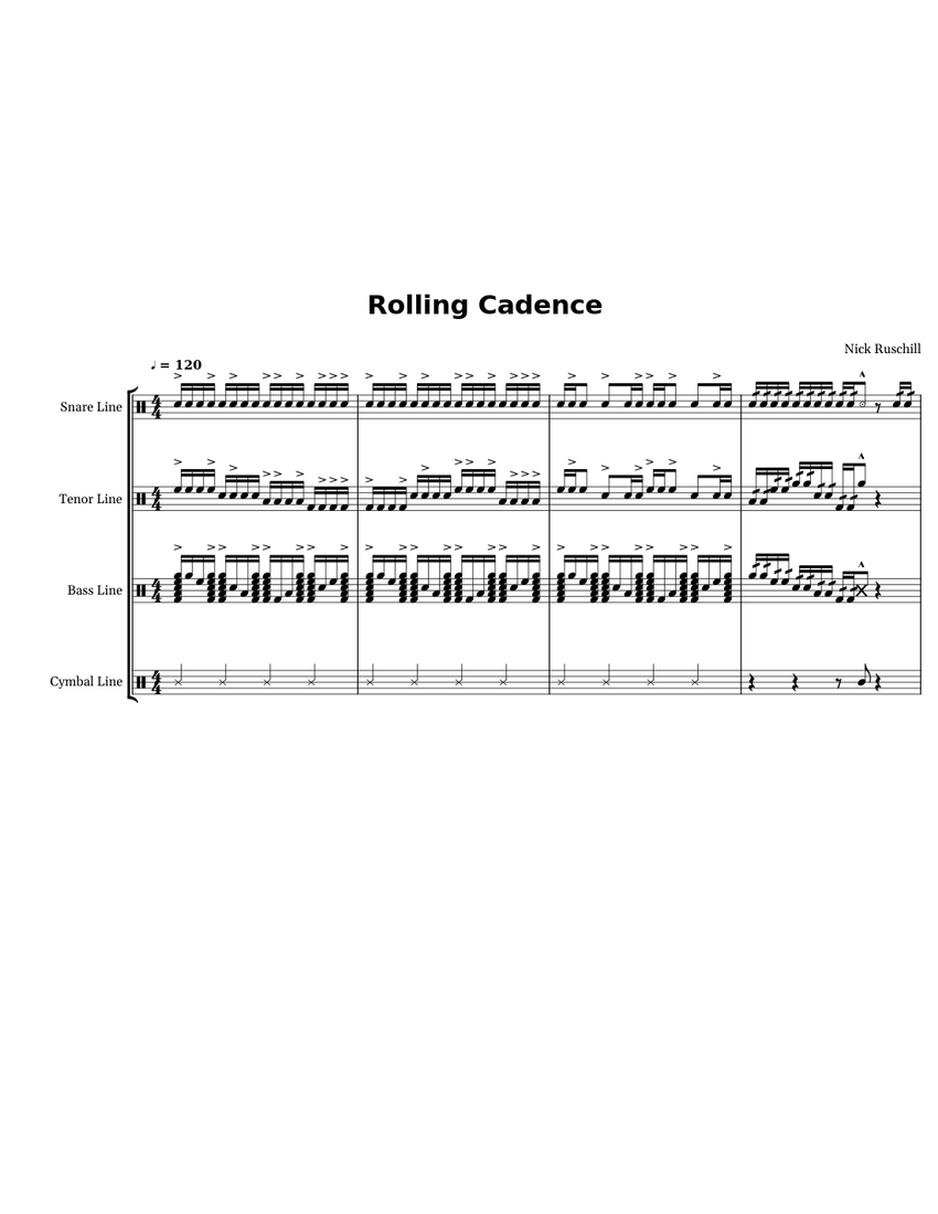 Rolling Cadence Sheet music for Snare drum, Crash, Tenor drum, Bass