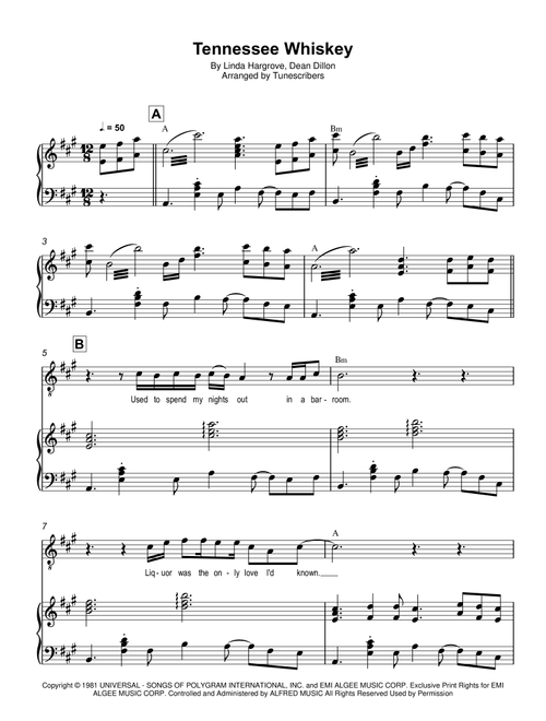 Tennessee Whiskey (Arr. Tunescribers) - Linda Hargrove, Dean Dillon (Piano Vocal)