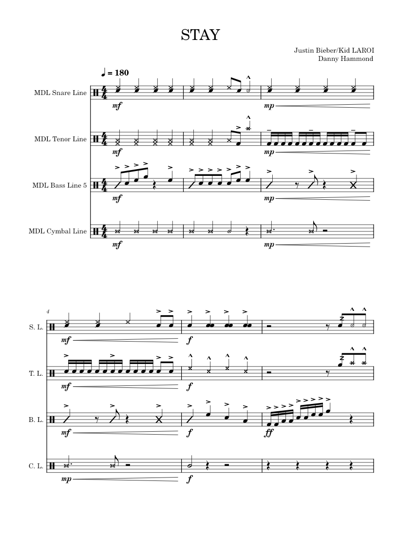 STAY (Kid LAROI + Justin Bieber) Drumline Stand Tune Sheet music for