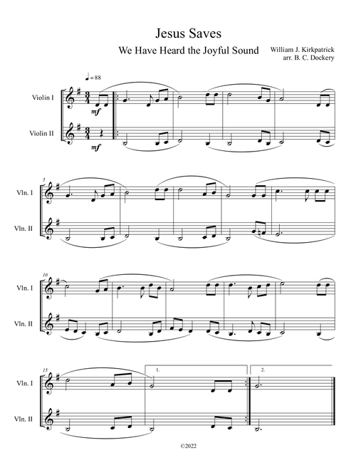 Jesus Saves (We Have Heard the Joyful Sound) Violin Duet (Arr. B. C. Dockery) - William J Kirkpatrick (Violin Duet)