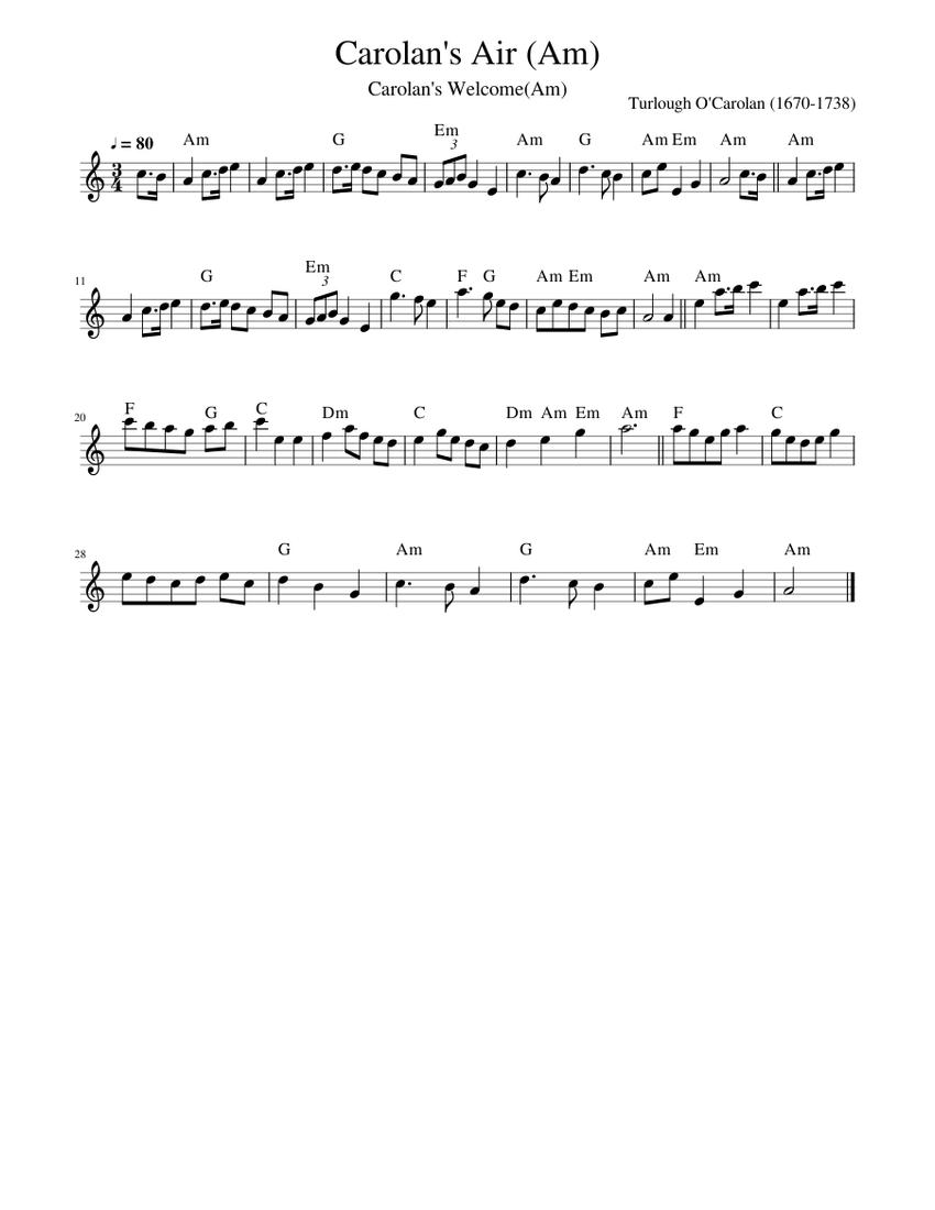 Carolan's Air (Am) Sheet Music with Chords for Piano (Solo) easy