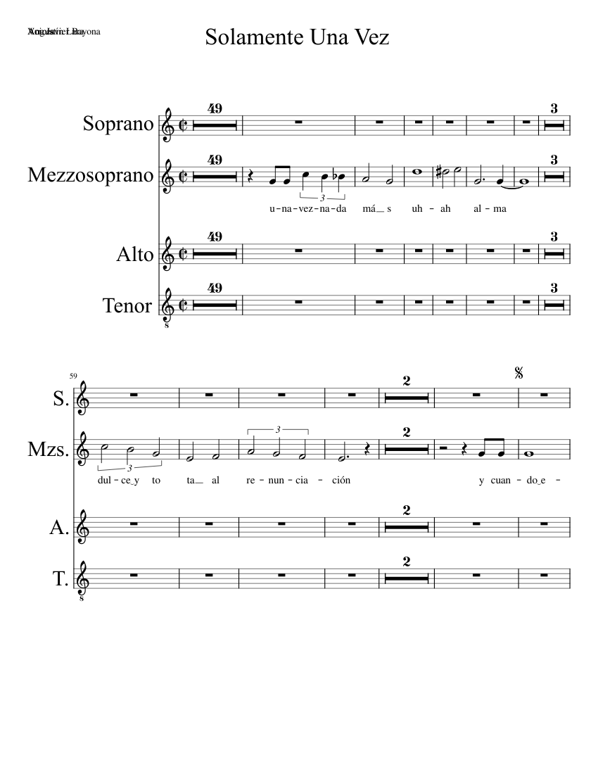 Solamente Una Vez Mezzos Sheet music for Soprano, Alto, Tenor, Vocals