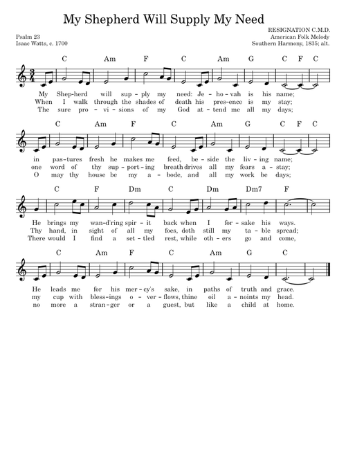 My shepherd will supply my need – Isaac Watts - Key C - Simplified