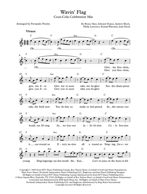 Wavin' Flag (coca-cola Celebration Mix) (Arr. Fernando Pereira) - K'naan (Piano-Vocal-Guitar)