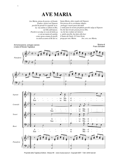 AVE MARIA by Schubert - Italian Lyrics - Choir SATB - With Choir Parts (Arr. R. Tagliabue) - F. Schubert (Choral, SATB)