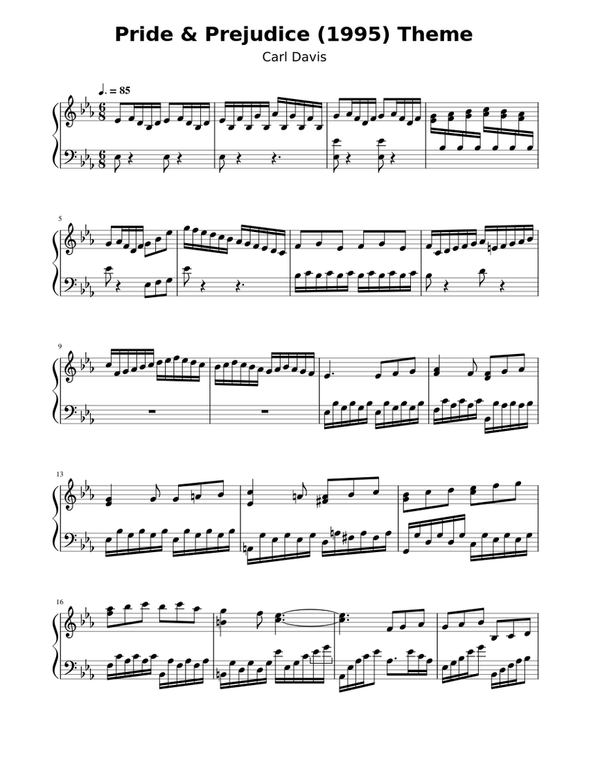 Pride And Prejudice (1995) Main Theme (Full) Piano Sheet Music Sheet ...