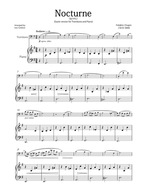 "Nocturne" (Chopin) - Beautiful EASY version for TROMBONE and PIANO. (Arr. Iury Cardoso) - Frédéric Chopin (Trombone and Piano)