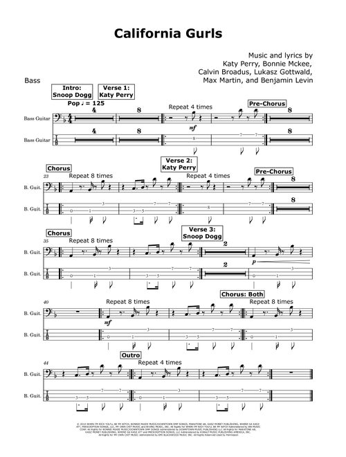 California Gurls (Arr. David Lartey) - Katy Perry Featuring Snoop Dogg (Bass Tab)