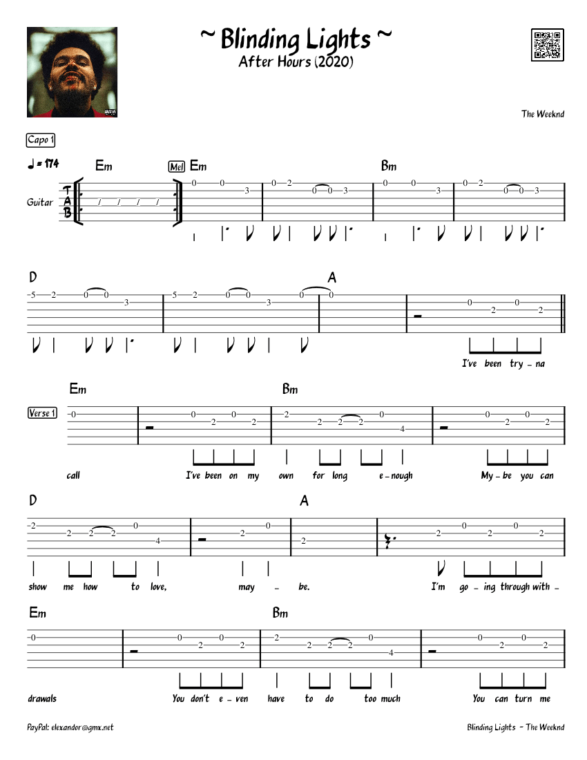 Blinding Lights – The Weeknd Sheet Music and Tab with Chords for Guitar ...