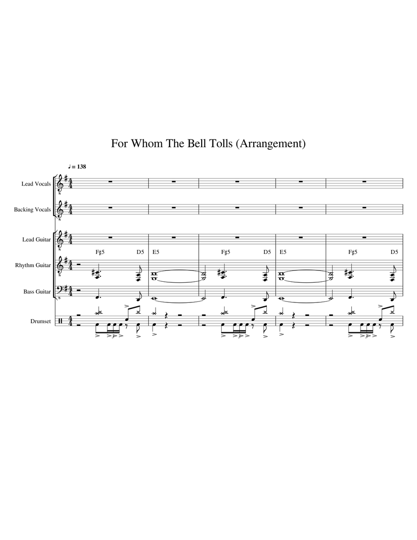 for whom the bell tolls Sheet music for Vocals, Guitar, Bass guitar