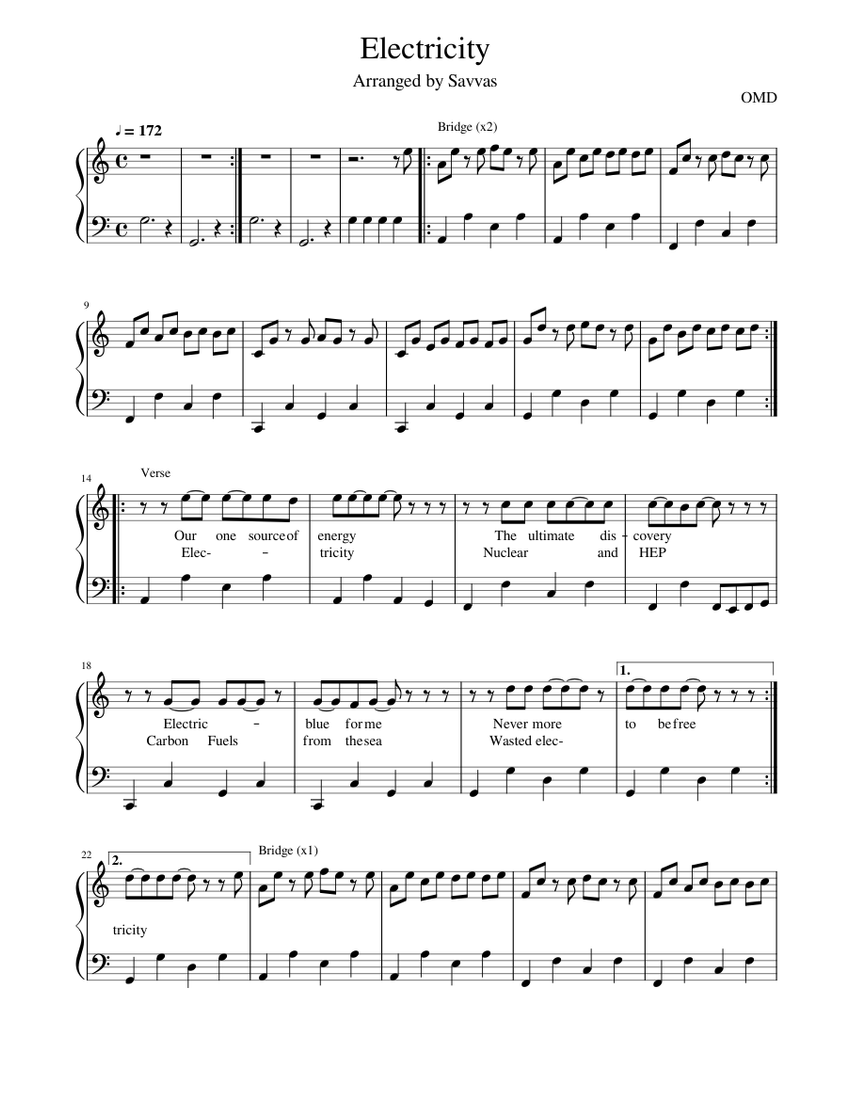 Electricity OMD easy solo piano with lyrics Sheet music for Piano
