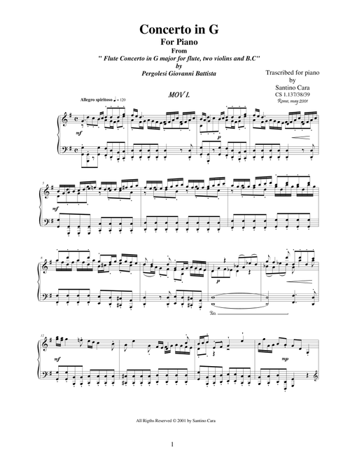 Pergolesi GB - Flute concerto in G - Complete Piano version (Arr. Santino Cara) - Pergolesi Giovanni Battista (Piano Solo)