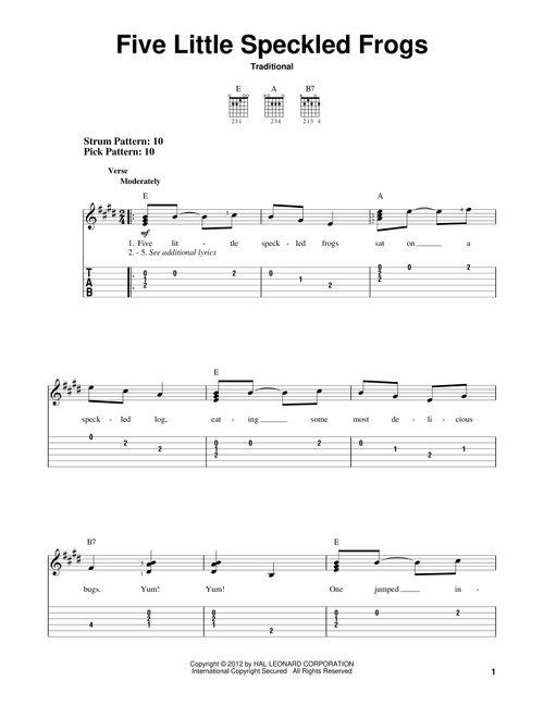 Five Little Speckled Frogs - Traditional (Easy Guitar with TAB)