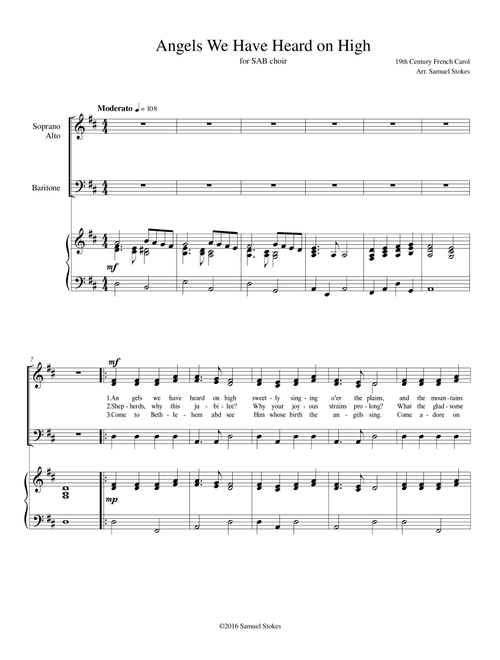 Angels We Have Heard on High - for SAB choir with piano accompaniment (Arr. Samuel Stokes) - Traditional (Choral, SAB)
