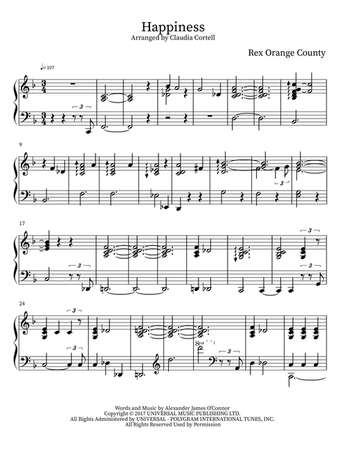Happiness (Arr. Claudia Cortell) - Rex Orange County (Piano Solo)