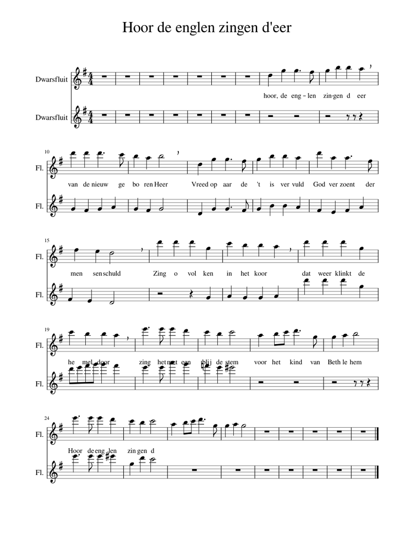 Hoor de englen zingen d'eer Sheet music for Flute (Woodwind Duet) Hoor de englen zingen d'eer Sheet music for Flute (Woodwind Duet)