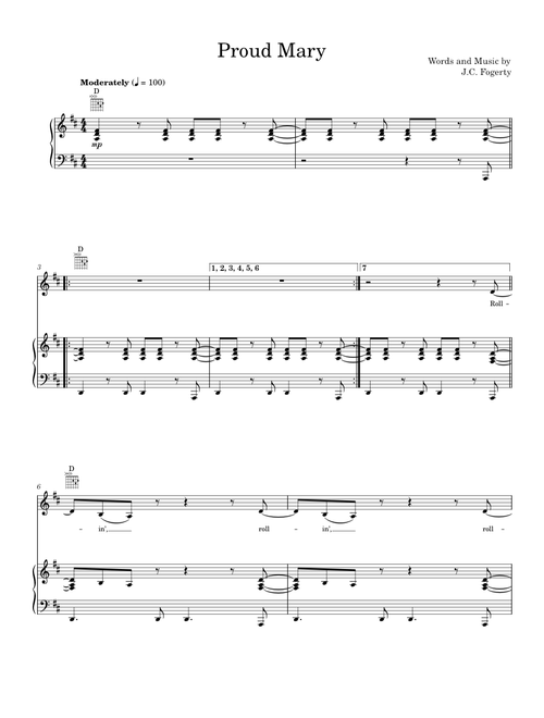 Proud Mary - Creedence Clearwater Revival, Ike & Tina Turner (Piano-Vocal-Guitar)