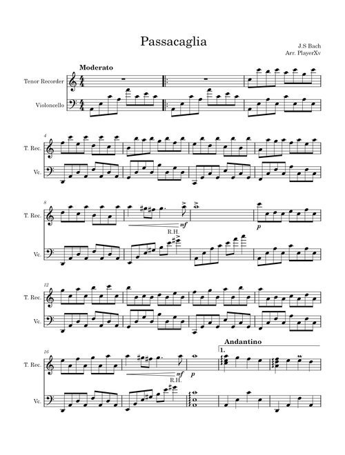 Passacaglia in C minor, BWV 582 Recorder and Cello Duet
