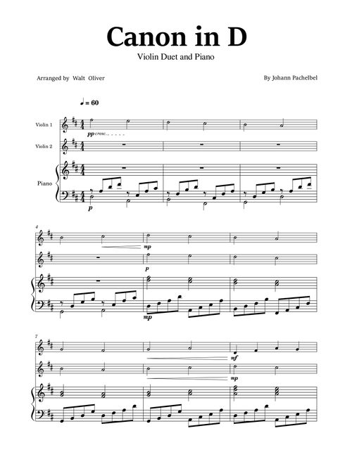 Canon in D - Violin Duet and Piano - Easy - (score and parts) - Johann Pachelbel (Arr. Walt Oliver) (Instrumental Duet and Piano)