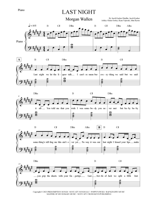 Last Night (Arr. Leo Silva) - Morgan Wallen (Easy Piano)