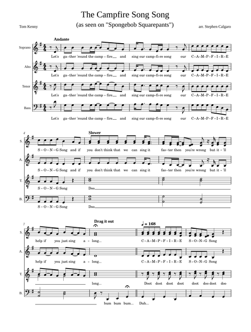 The Campfire Song Song Spongebob Squarepants Satb Sheet Music For Bass Solo Musescore Com